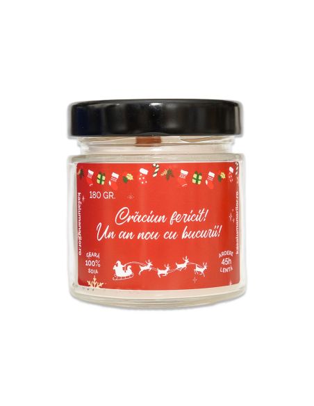 Lumanare parfumata din soia,Craciun Fericit! ,cu fitil de lemn, 90 gr